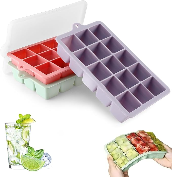 Stampo per cubetti di ghiaccio, 3 pezzi, 45 scomparti, in silicone, grandi cubetti di ghiaccio quadrati da 3 cm, impilabile, contenitore per cubetti di ghiaccio con coperchio, senza BPA