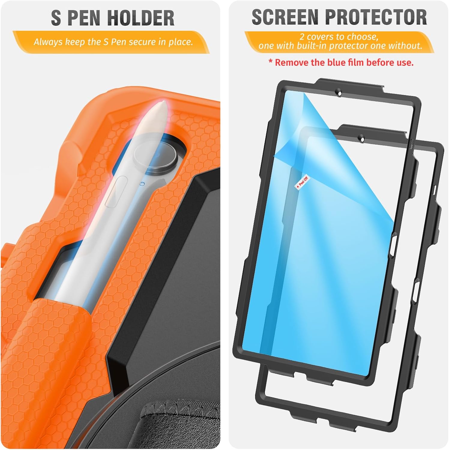 HXCASEAC Case for Samsung Galaxy Tab S10 FE+ Plus Tablet Case 13.1 inch, Heavy Duty Protective with S Pen Holder/Hand Strap/Built-in Screen Protector, S10FE Plus 2025 (SM-X620 SM-X626B), Orange