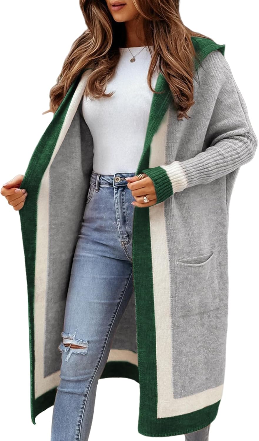 Yimoon Womens Long Cardigan Sweater Color Block Open Front Hooded Cardigan Oversized Knit Sweater OutwearGrey-S)