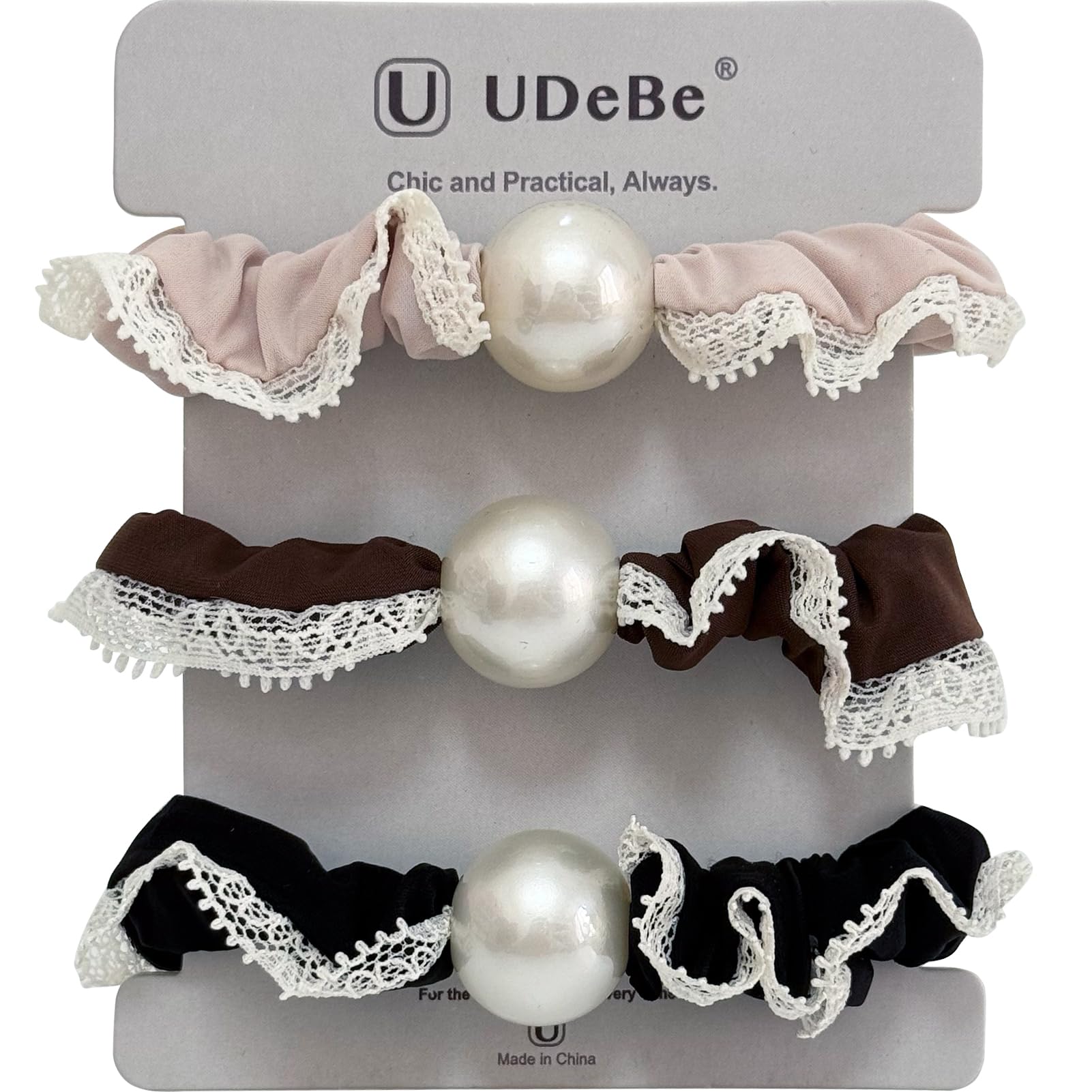 UDeBe Silk Scrunchies Hair Ties 3Packs – Super Soft Thin Hair Scrunchies, Gentle on Hair, Faux Pearl Decorated Hair Accessories for Women