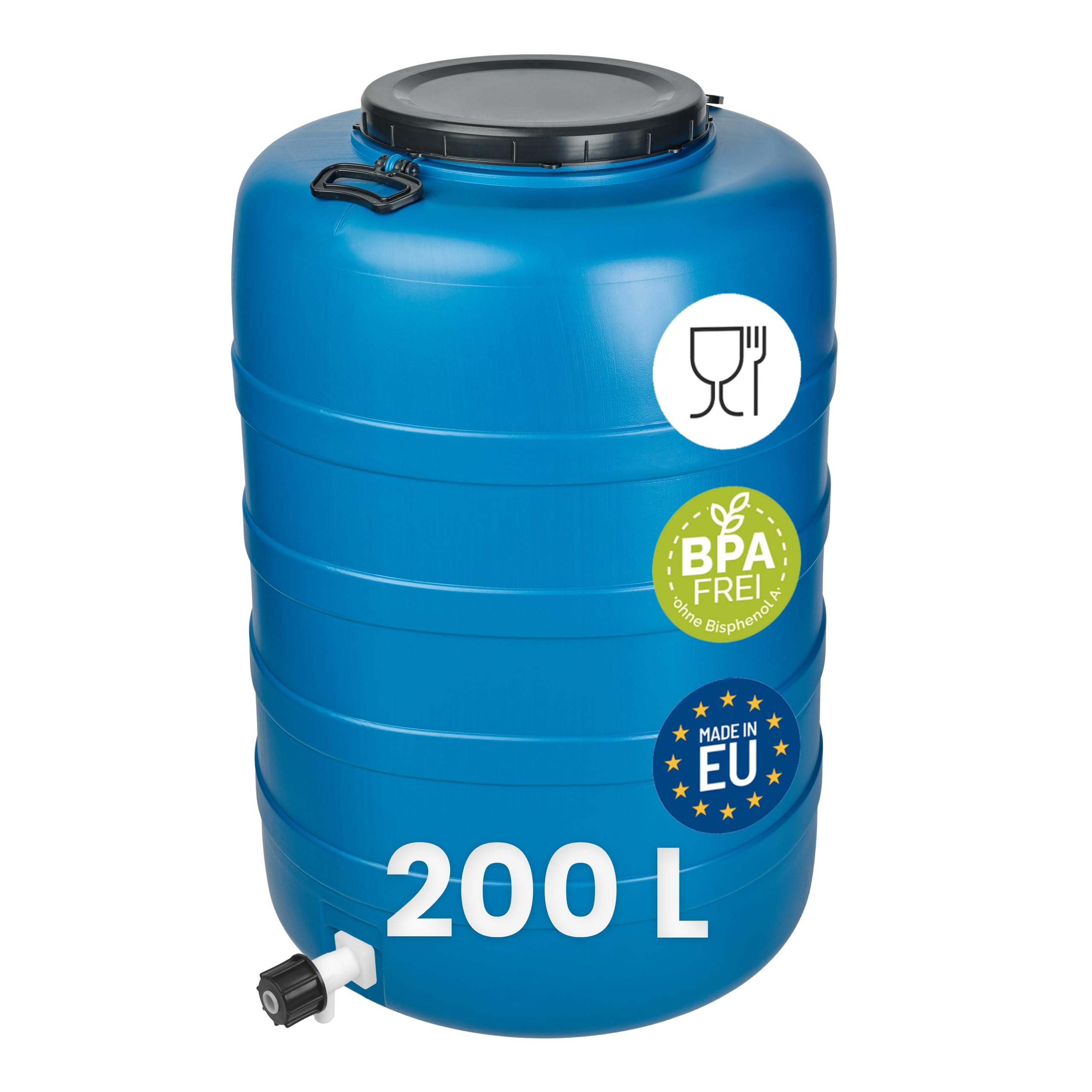 Garronda 200 L mit Hahn Regentonne Regenfass Weithalsfass aus HDPE als Kunststofffass und Wasserbehälter für Wasser und Lebensmittel zur Lagerung Fermentierung GD-0186 Blau