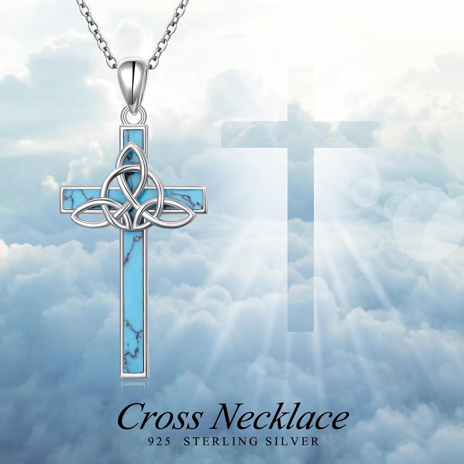 Ladytree 925 Sterling Silver Celtic Knot Cross Pendant Necklace with Created Turquoise Religious Jewelry Gift for Women - Image 5