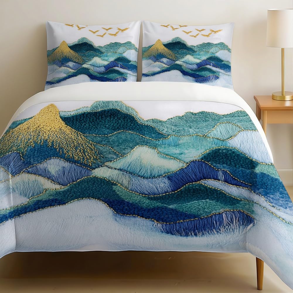 Parure de lit 2 personnes or et microfibre douce avec motif montagne abstrait