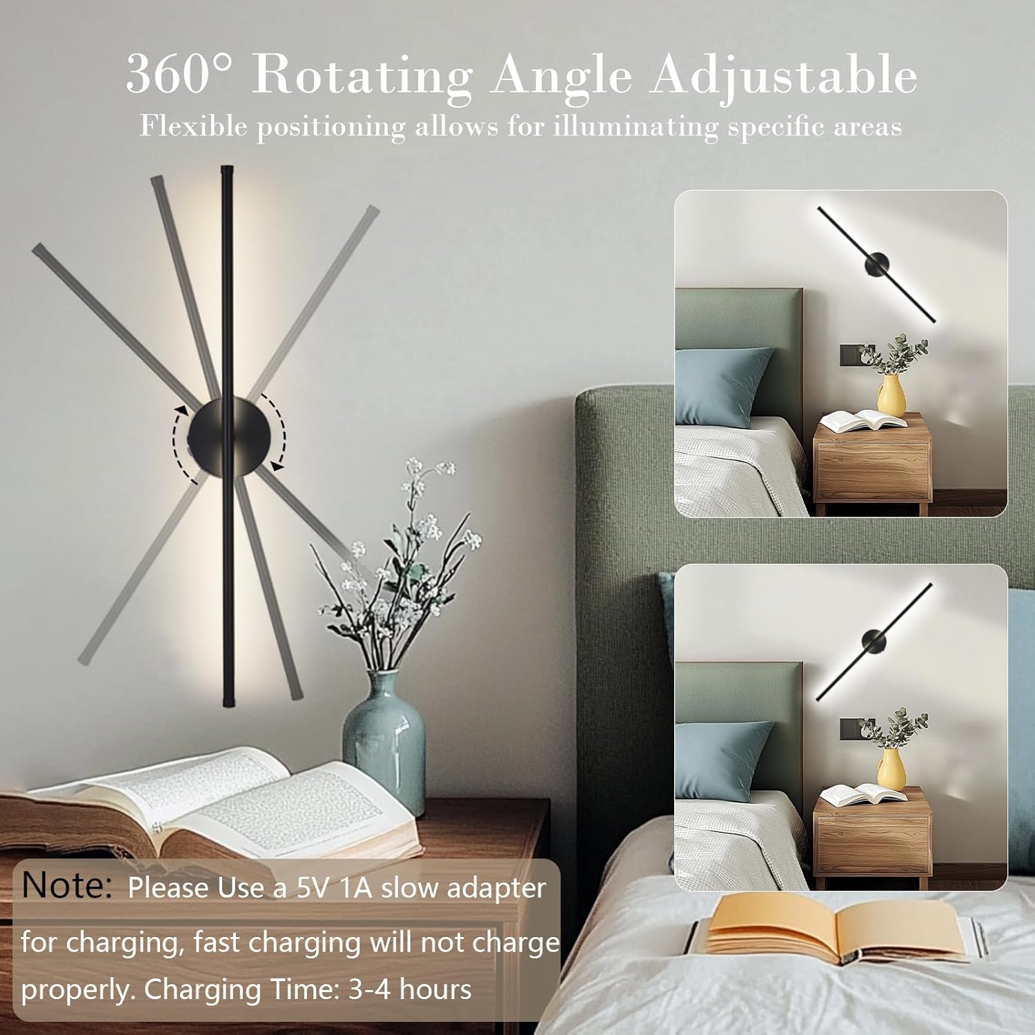 Battery Operated Wall Sconces Set of Two, 3000K-6500K LED Wireless Wall Light for Bedroom,Living Room, 28.3 Inch, Black (2 Pack)