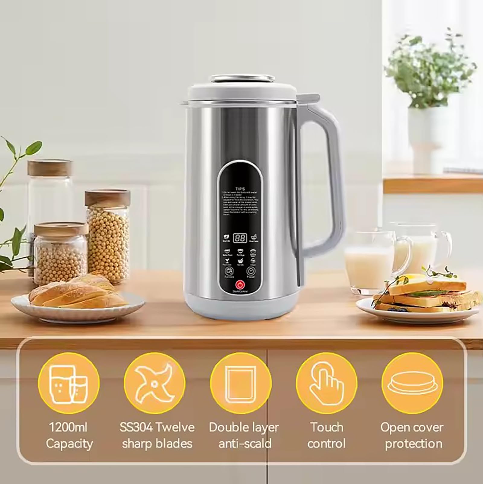 Macchina per il latte di soia, macchina per latte di noci da 1,2 l, autopulente, avvio ritardato 24 ore, 12 lame, ultra silenziosa, per latte vegetale, bevande fatte in casa, avena e soia
