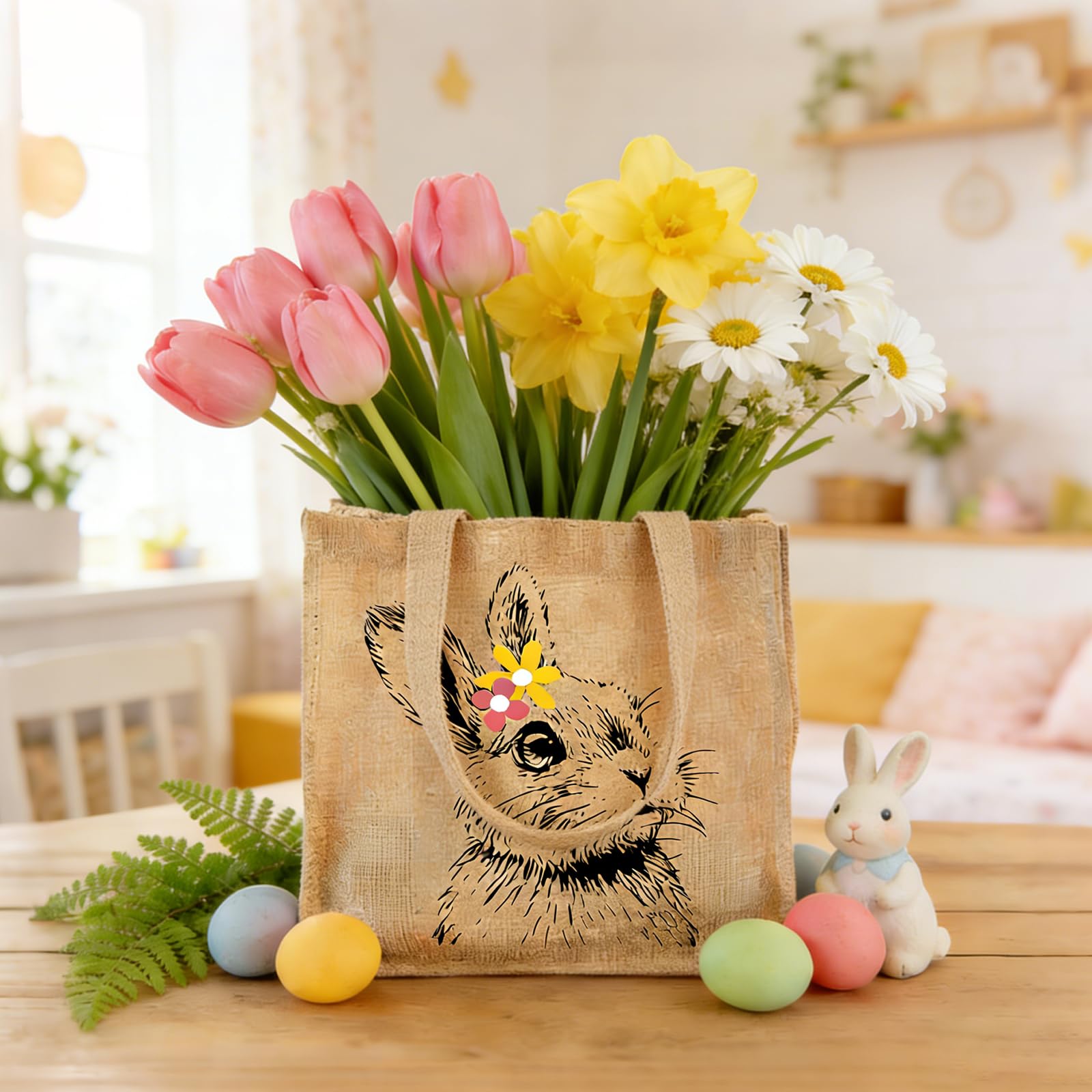 Lot de 2 paniers de Pâques en toile de jute avec anse - Cadeau et décoration pour Pâques - À remplir - Pour décoration de table - Décoration de printemps