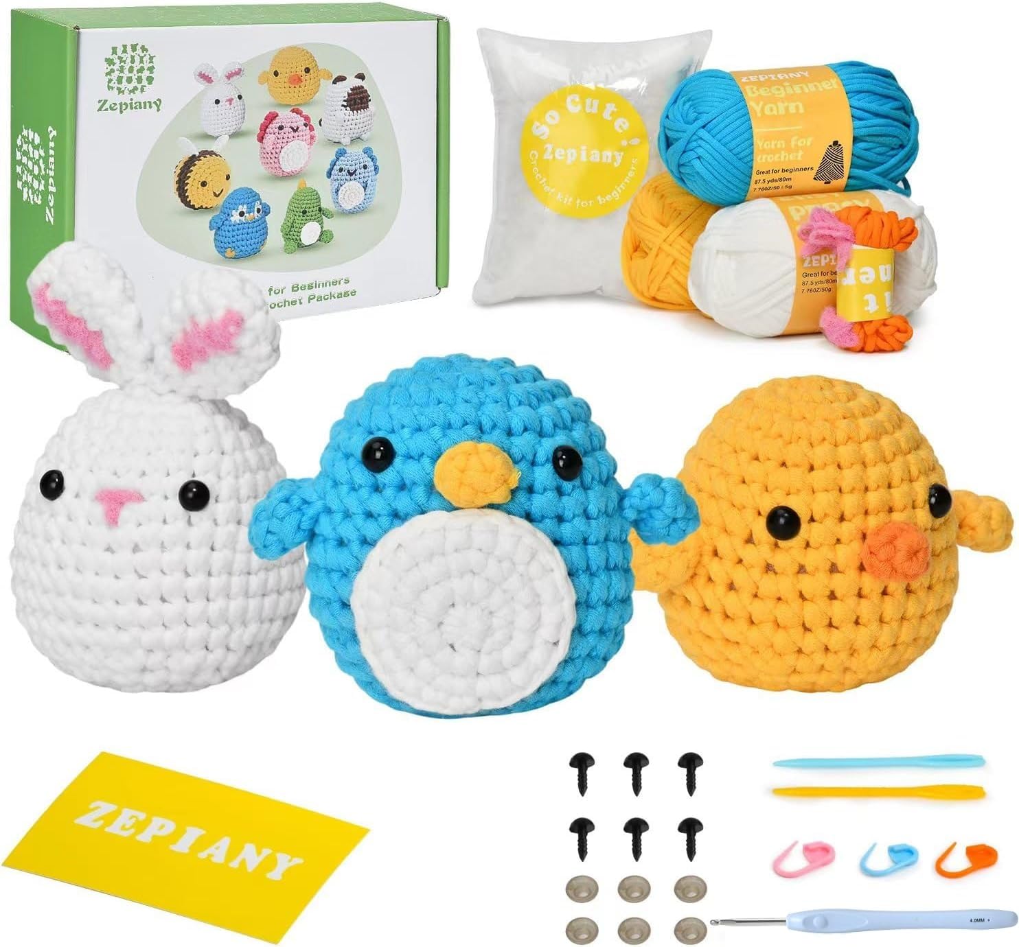ASTARON Kit Uncinetto per Principianti, 3 Animali all'Uncinetto per Adulti Bambini con Video Tutorial e Istruzioni Passo Passo, Kit per Principianti all'Uncinetto-Riccio Ape Anatra