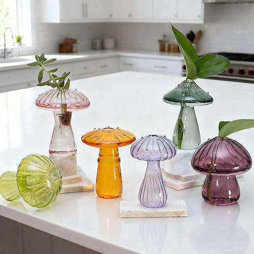 6 Pcs Colored Mushroom Glass Propagation Vases for Plants | Handmade Hydroponic Bud Vase Decor, Glass Terrariums for Indoor Plants, Cute MushroomGifts for Women & Planter Lovers