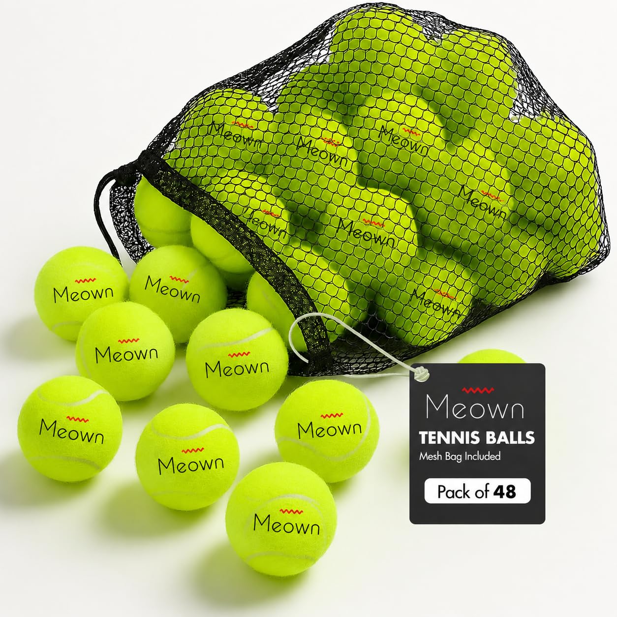 Meown Tennis Balls with Mesh Carrying Bag, Pack of 12 24 36 48 | Pressureless Training & Practice Balls for All Court Types | Durable Dog Fetch & Play Balls | Soft Rubber All-Court Tennis Balls
