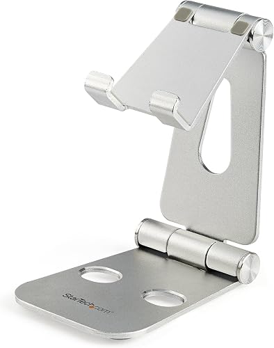 StarTech.com Phone and Tablet Stand - Foldable Universal Mobile Device Holder for Smartphones & Tablets Adjustable Multi-Angle Ergonomic Cell Phone Stand for Desk Portable (USPTLSTND), 4in to 13in