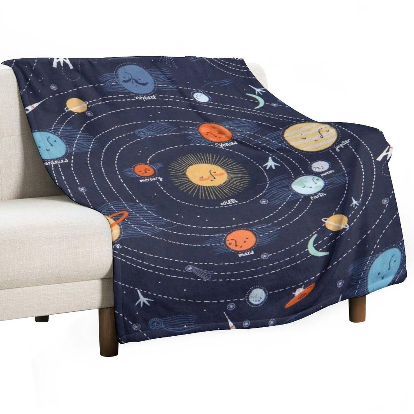 Qjjinxior Flannel Blanket, Space Rocket Planet Solar System Throw Blanket for Couch Sofa Bed Office, Soft And Comfortable Without Pilling