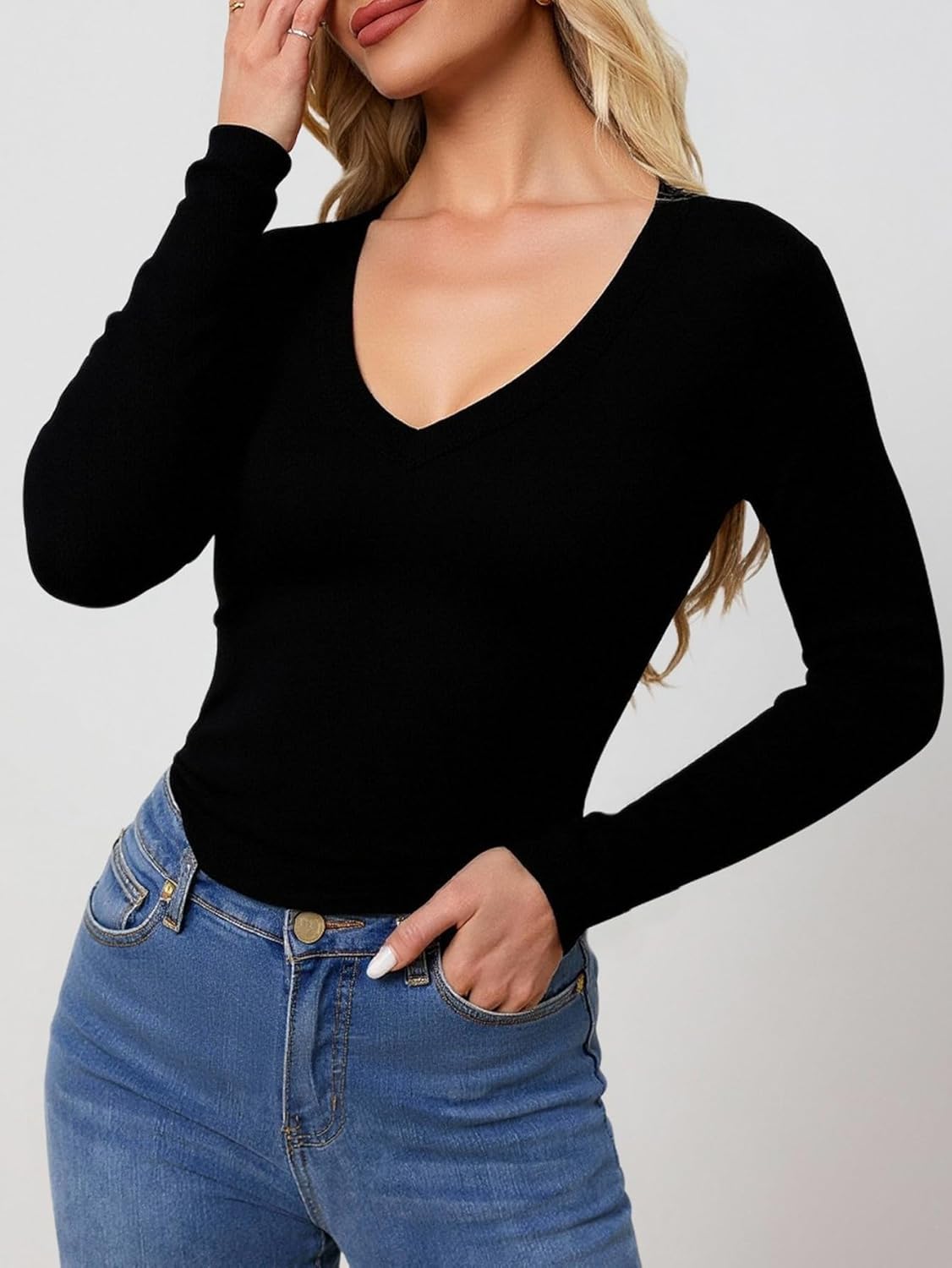 Women's Long Sleeve Fitted Tops Dressy Casual Deep V Neck Tight T Shirts Basic Tees - Image 3