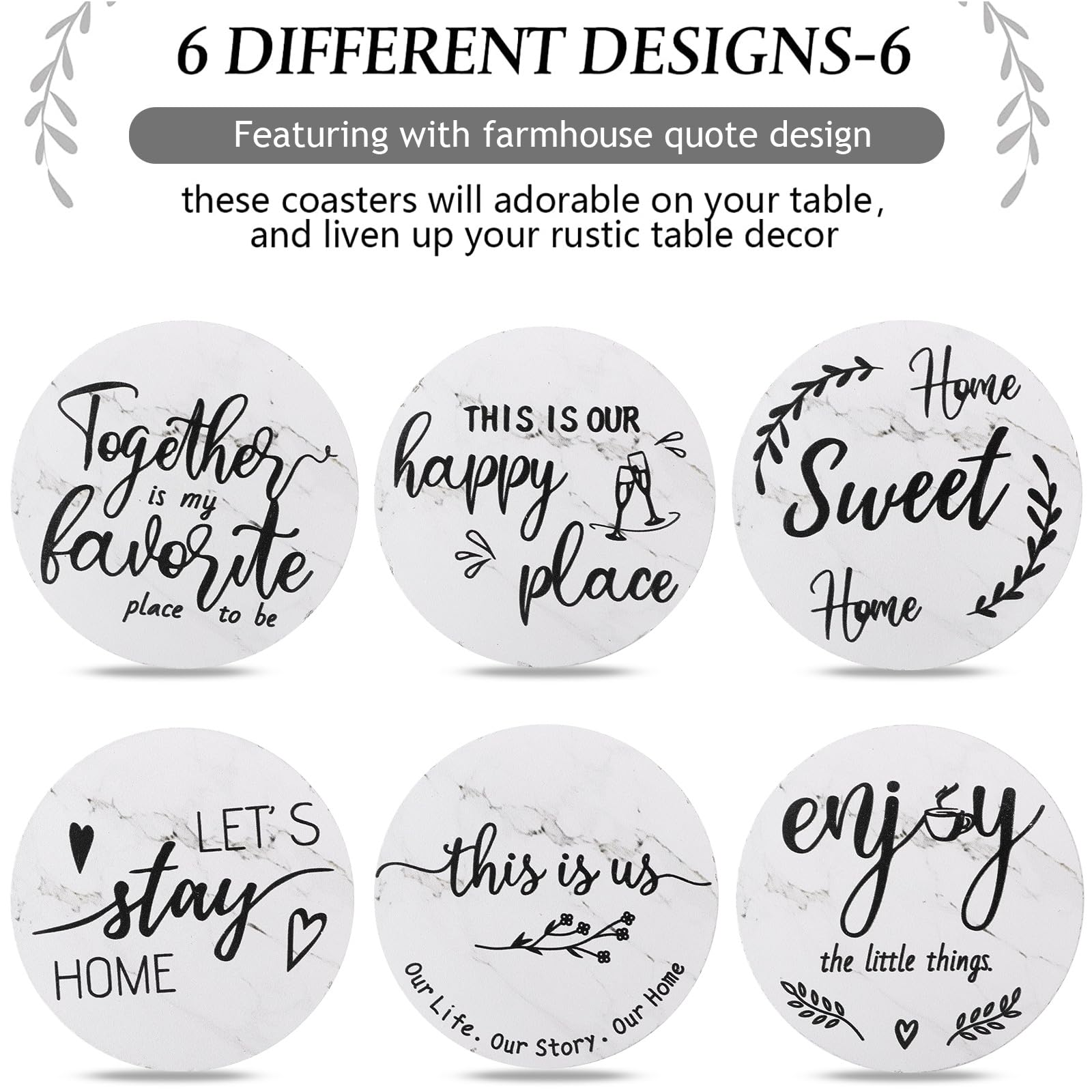 Queekay Coasters Set of 6 House Warming Gifts New Home Wooden Farmhouse Drink Coasters with Holder 4'' Funny Decoration for Kitchen Family Coffee Bar Tabletop Protection(White Marble) - Image 4