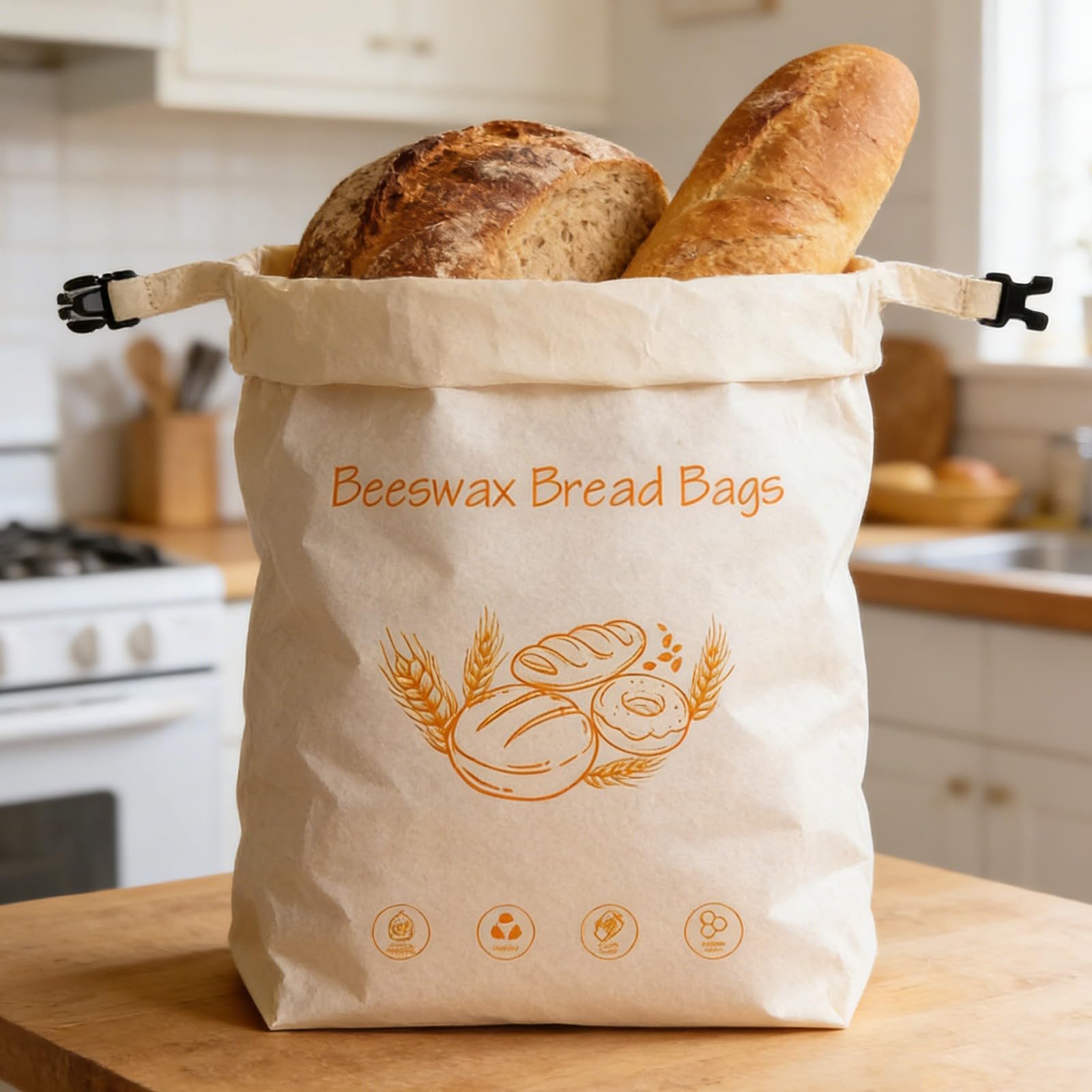 Borsa per alimenti in cotone biologico, cera d'api, con elastico e moschettone, essenziale per la cucina sostenibile per pane, formaggio, soluzione sostenibile per la cucina