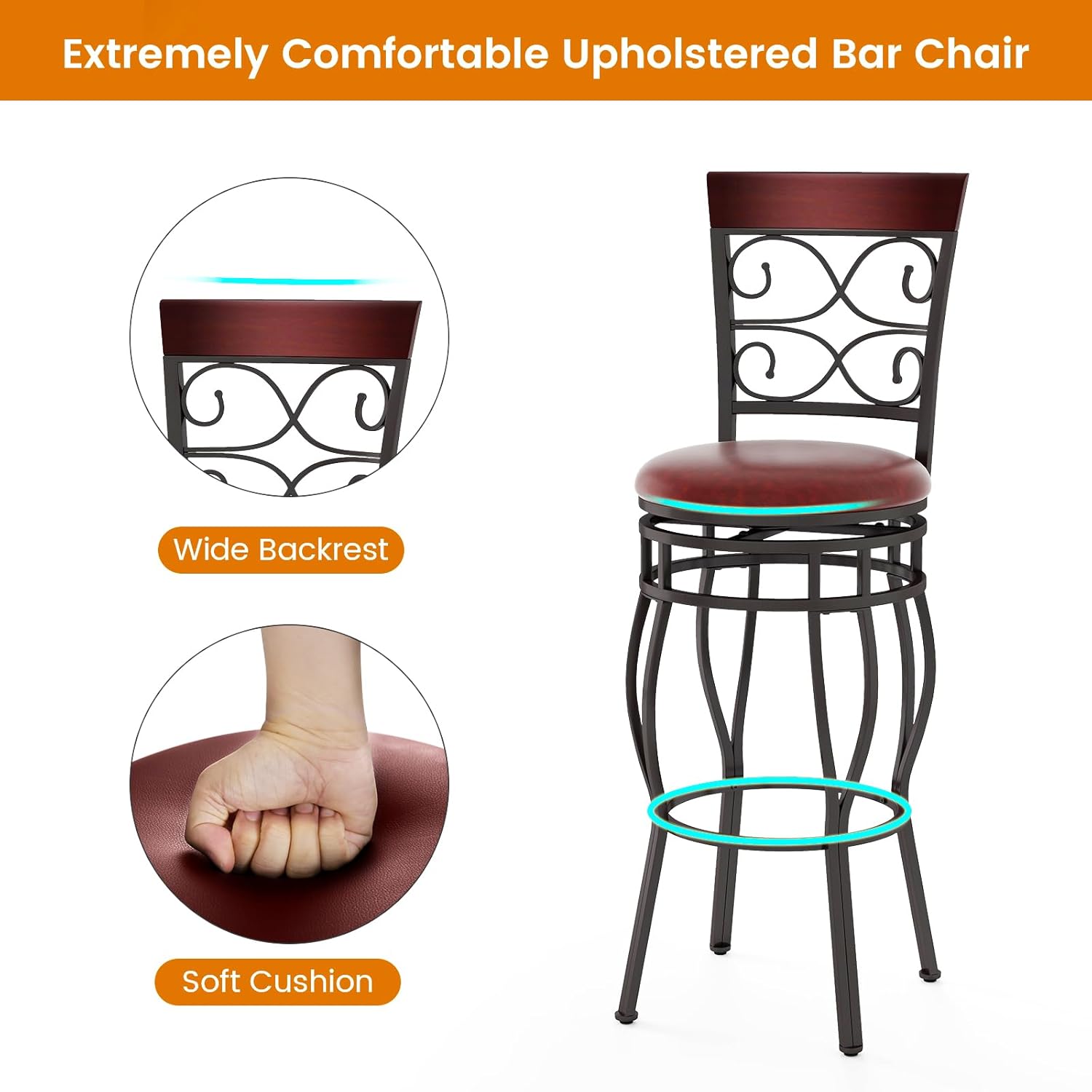 Safeplus 30 Inches Bar Height Bar Stools Set of 4, 360 Degree Swivel Retro Tall Metal Barstools with Leather Padded Seat and Back for Bistro Dining Kitchen Room Pub Vintage Chairs