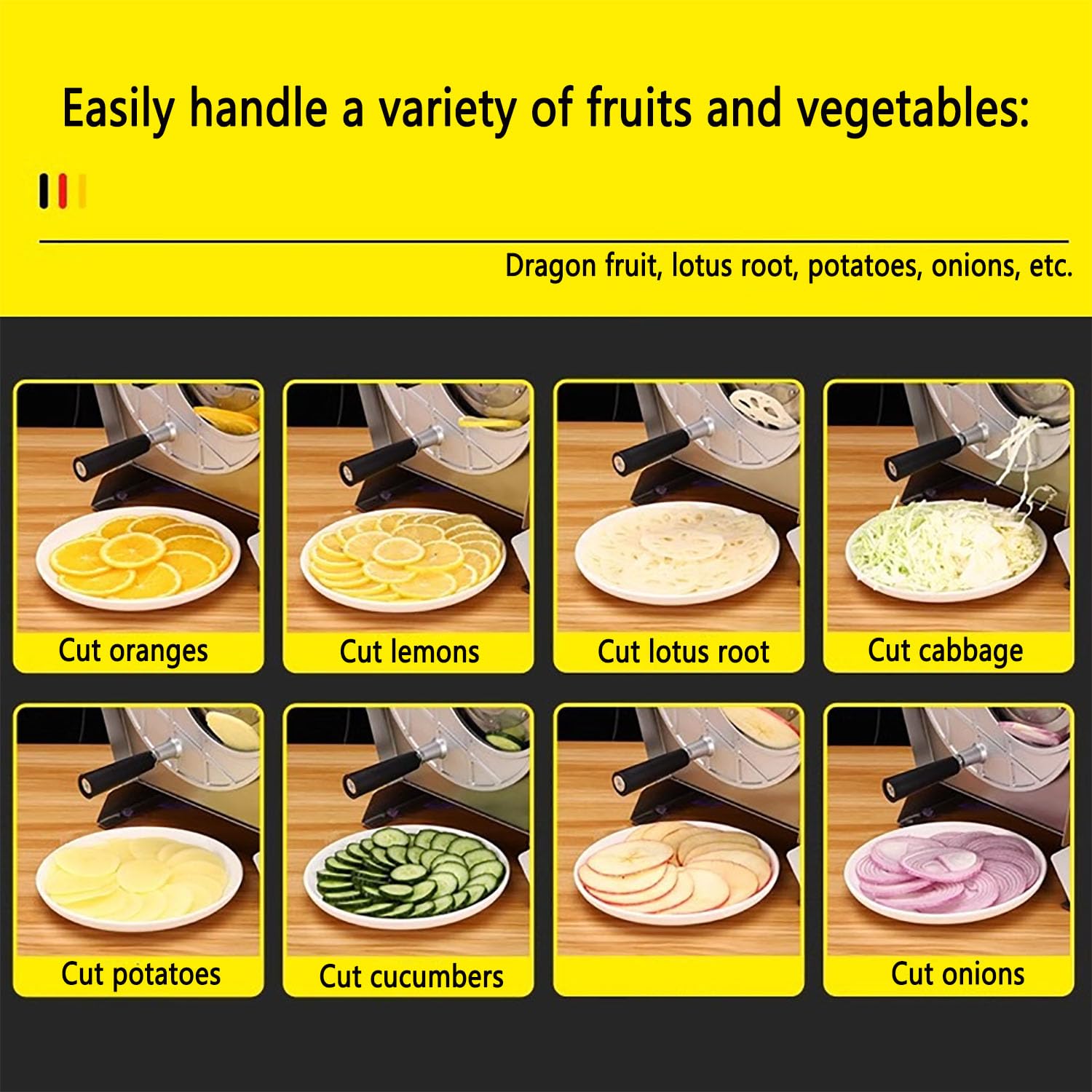 Máquina cortadora de verduras comercial, cortador de frutas de acero inoxidable con canal de alimentación grande y cabezal de corte de 8 pulgadas, grosor ajustable para tomate, limón