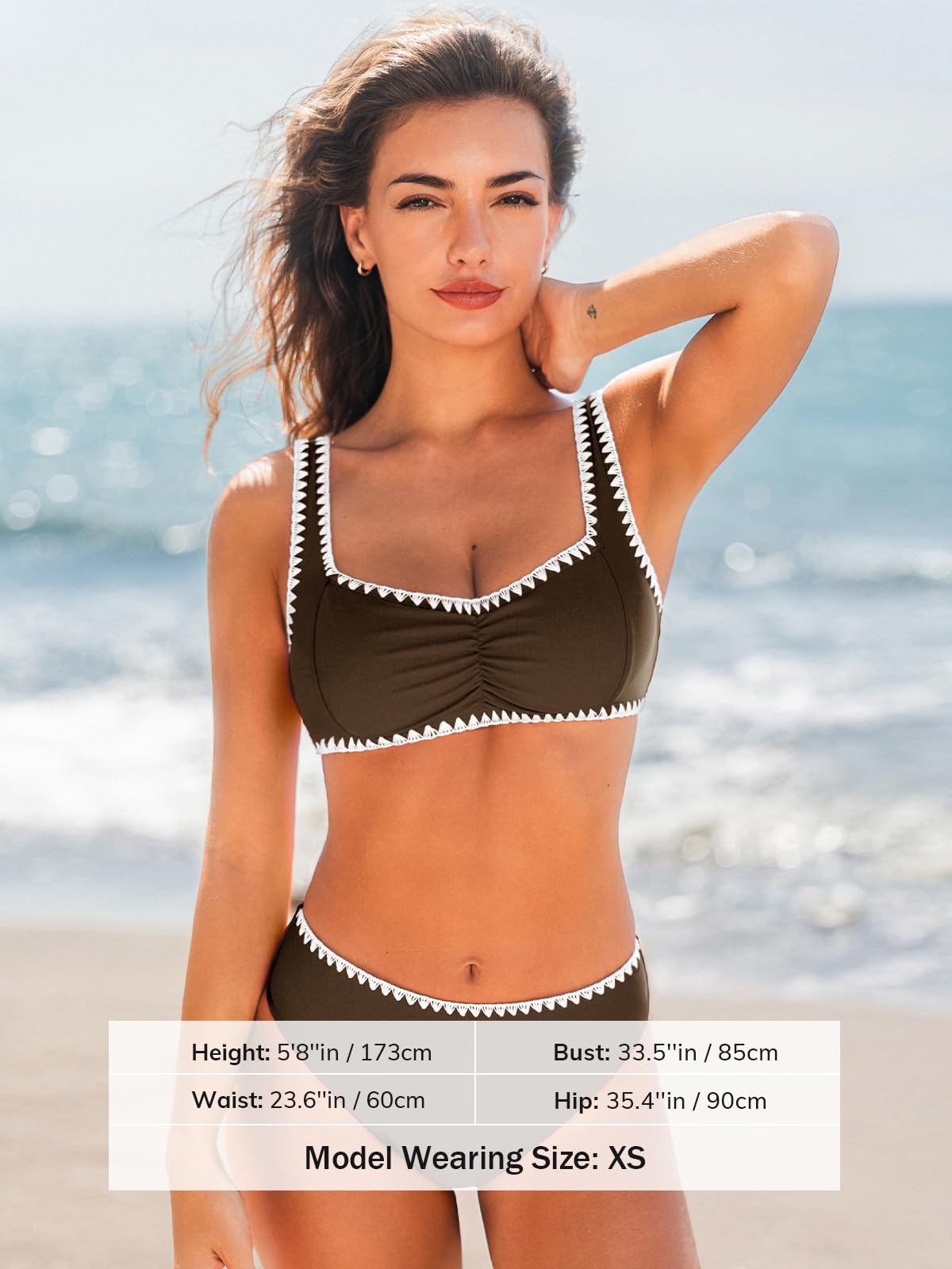 CUPSHE Conjunto de bikini para mujer, cuello corazón, tirantes anchos ajustables, traje de baño con costuras y tiro medio