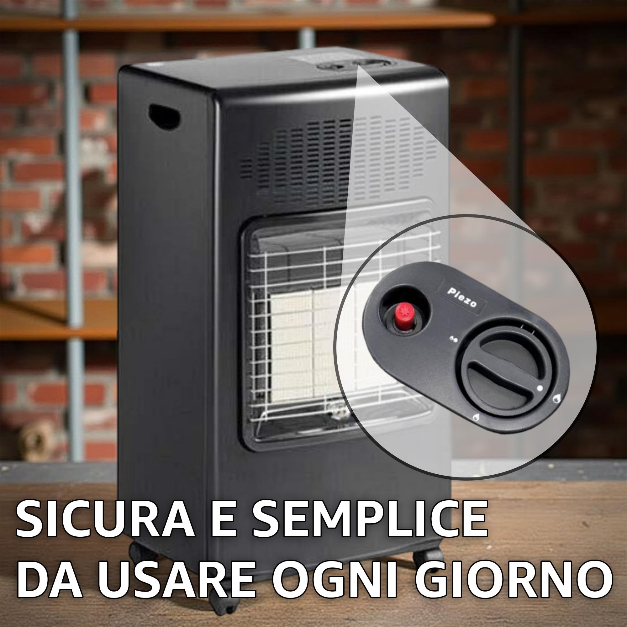 Sicignano - Estufa de infrarrojos GLP Camilla Negra de 3 ladrillos, potencia ajustable 1,5 – 4,2 kW, encendido piezoeléctrico, con manguera, bridas y regulador, calefacción interior