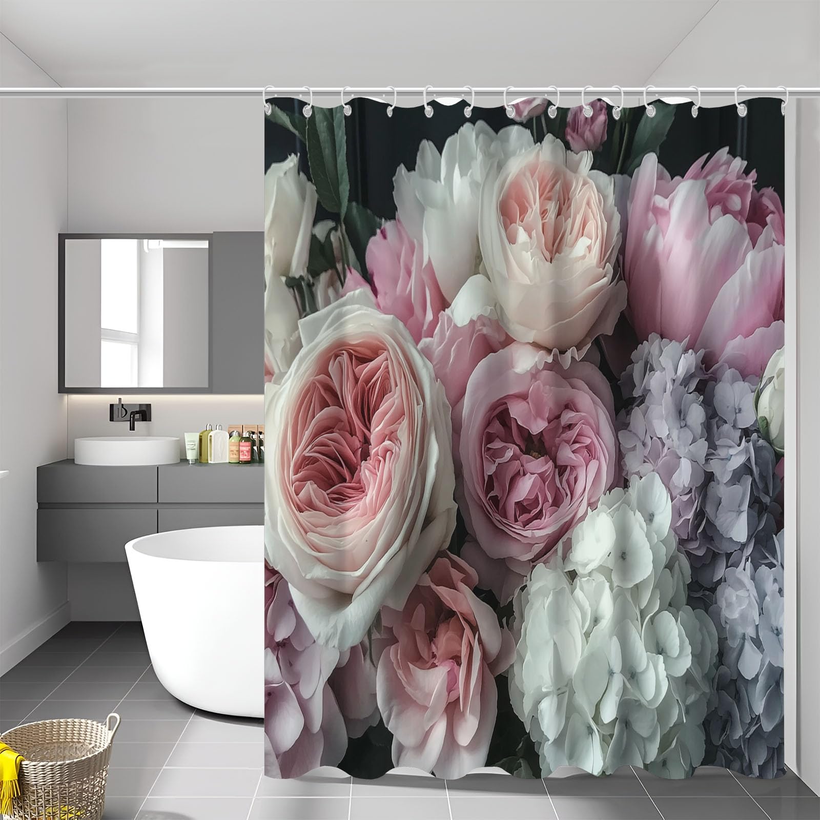 Rideau de douche pivoine hortensia 180x180 cm lavable en polyester imperméable pour baignoire