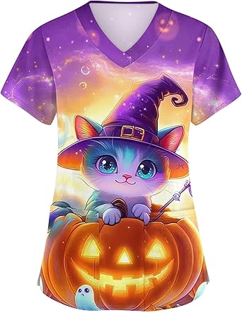 OIOLOYJM Halloween Christmas Scrub Tops Women Print V Neck Short Sleeve Plus Size Scrubs for Womens Shirts with Pockets