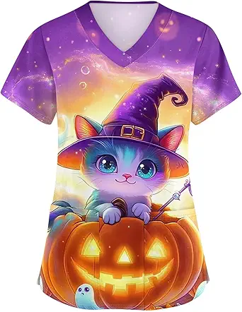 OIOLOYJM Halloween Christmas Scrub Tops Women Print V Neck Short Sleeve Plus Size Scrubs for Womens Shirts with Pockets