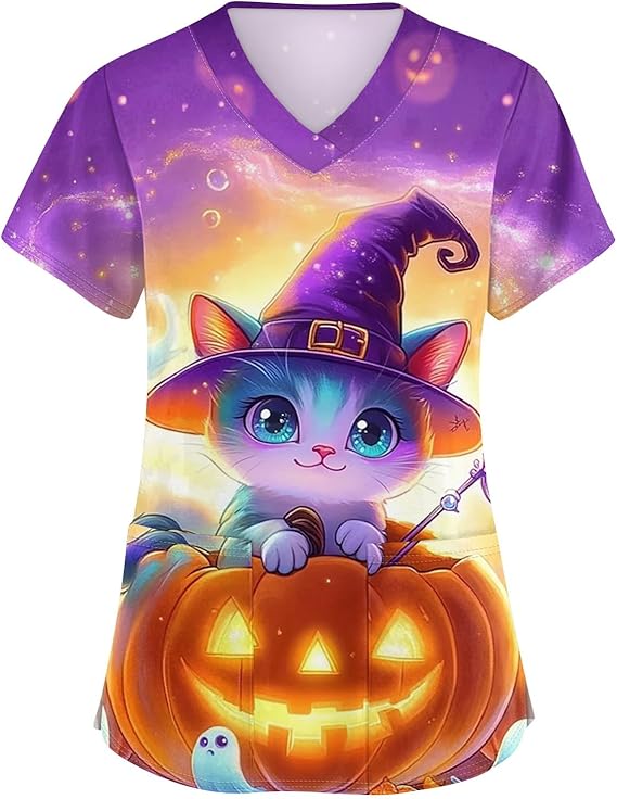 OIOLOYJM Halloween Christmas Scrub Tops Women Print V Neck Short Sleeve Plus Size Scrubs for Womens Shirts with Pockets