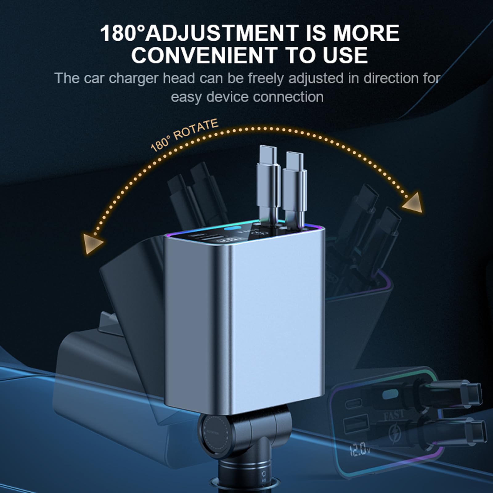 Thlevel 66W Chargeur de Voiture Rétractables USB C 12V avec Double Câbles | et Voltmètre LED Compatible avec iPhone Huawei pour 12V/24V Caravane Camping-Car Bateau