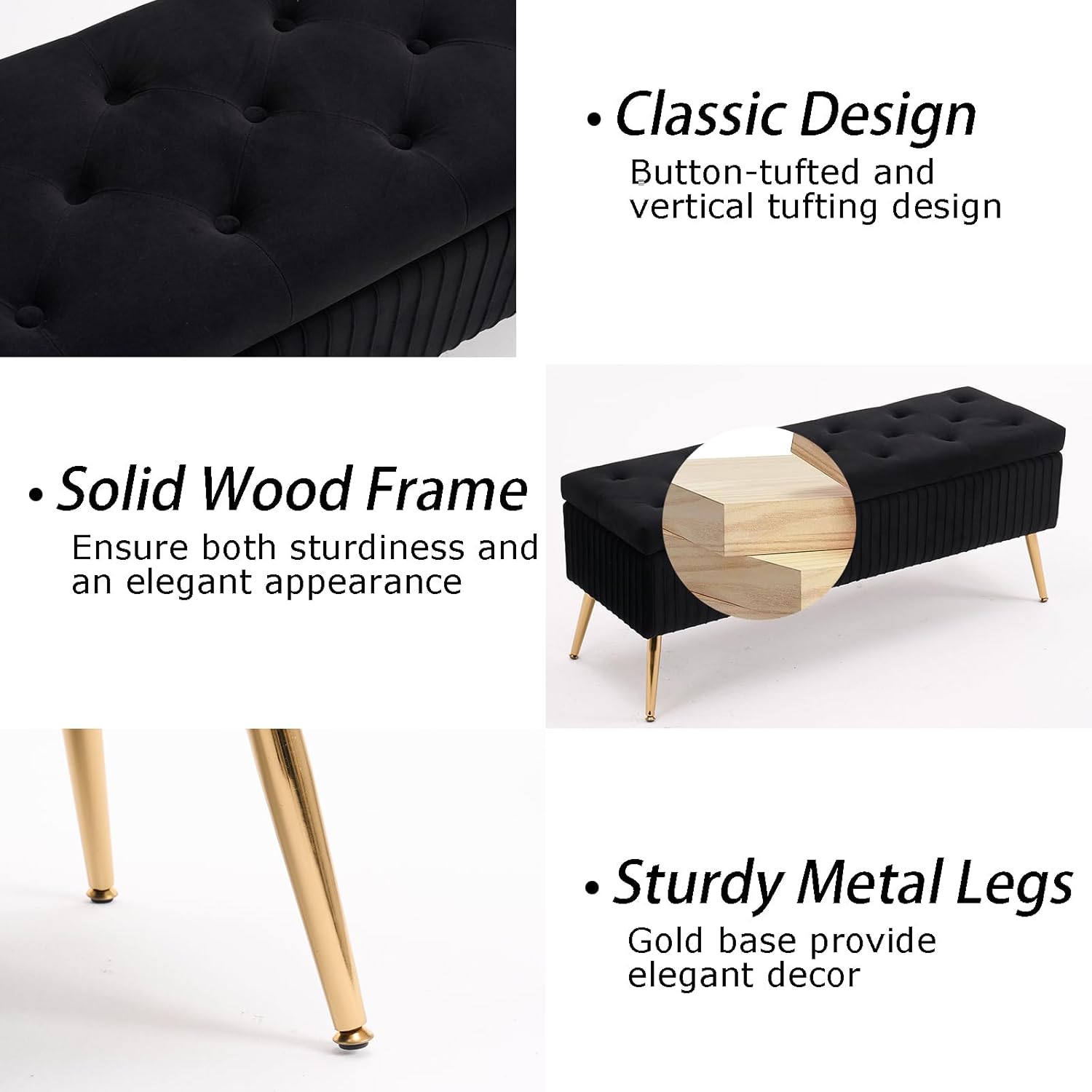 Velvet Storage Bench for Bedroom, Rectangle Upholstered End of Bed Bench Modern Tufted Ottoman with Gold Legs for Living Room/Window/Entryway (Black-45.5" W)