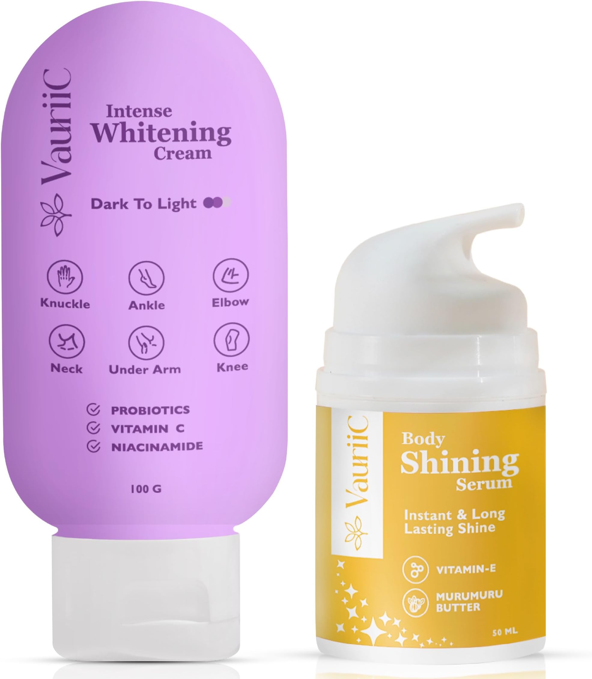 VauriiC Intense Body Glow Cream with Body Shining Serum for Intense Dark Spot Reduction, Body Shimmer, Instant Shine with AHA, Kojic Acid, Niacinamide, Vitamin E, for Men & Women | All Skin Type