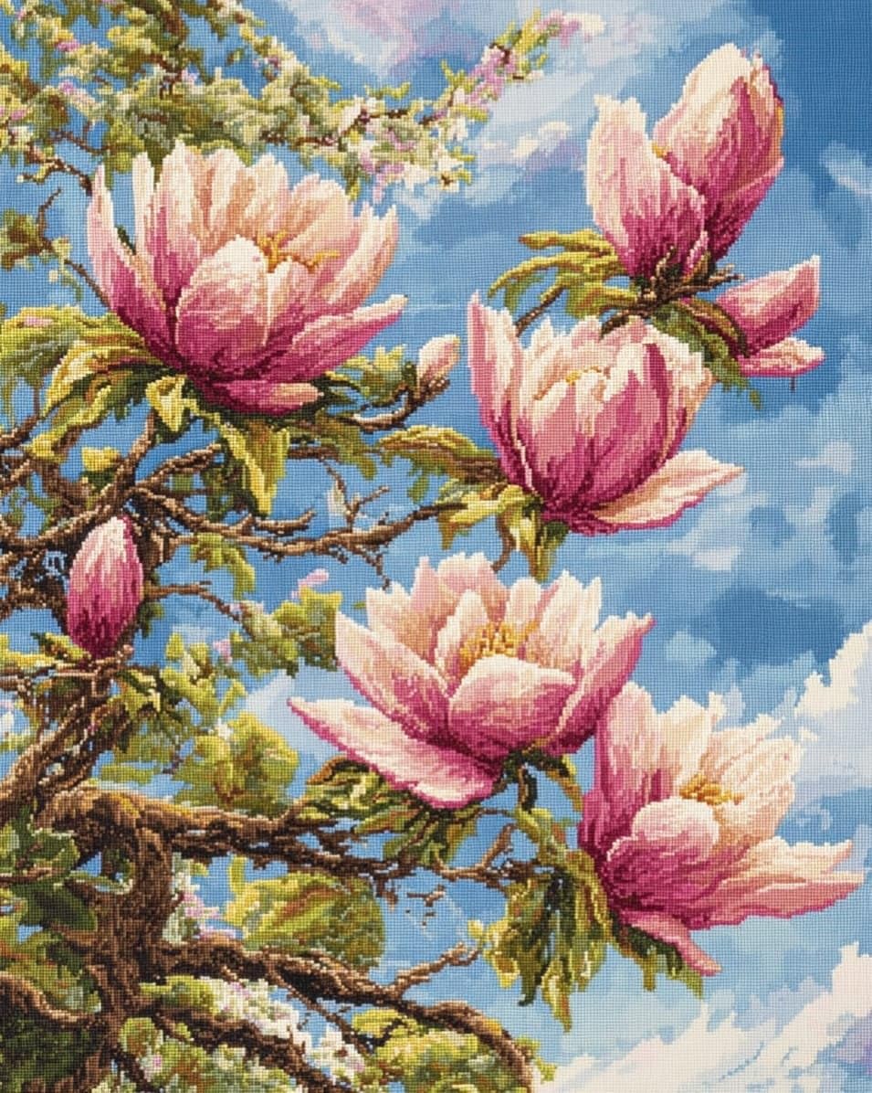 WallustrioaW Cross Stitch Stamped Kits,Magnolia,Pre-Printed Cross-Stitching Starter Pattern for Beginners Adults,11CT Embroidery Needlepoint Kits,40x50cm