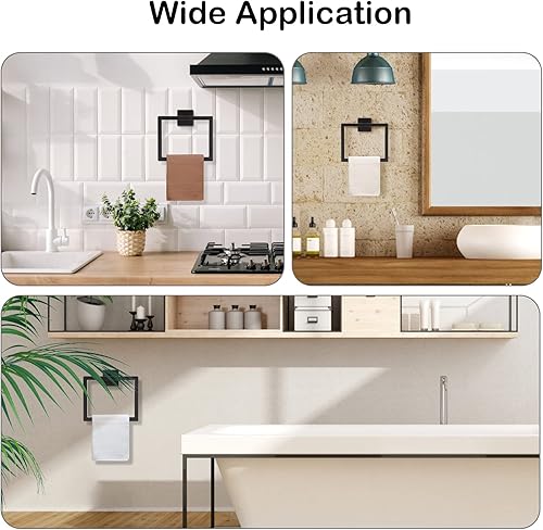Miniatura 6 de 2 piezas de anillo de toalla cuadrado negro mate, soporte moderno de toalla de mano para baño, ganchos para toallas de acero inoxidable montados en