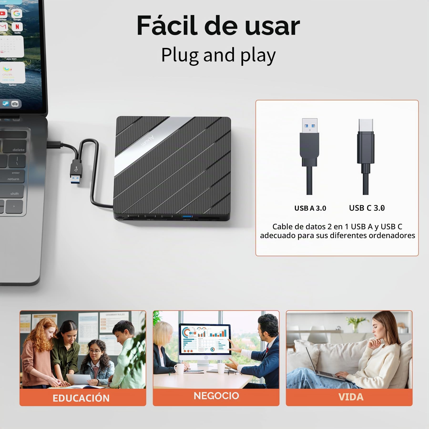 Alxum Unidad de DVD Externa para Ordenador portátil, con Lector de Tarjetas SD y TF y Puertos USB 2.0 USB 3.0, Unidad de CD Externa, USB y USB C para Ordenador portátil, Escritorio, MacBook, Windows