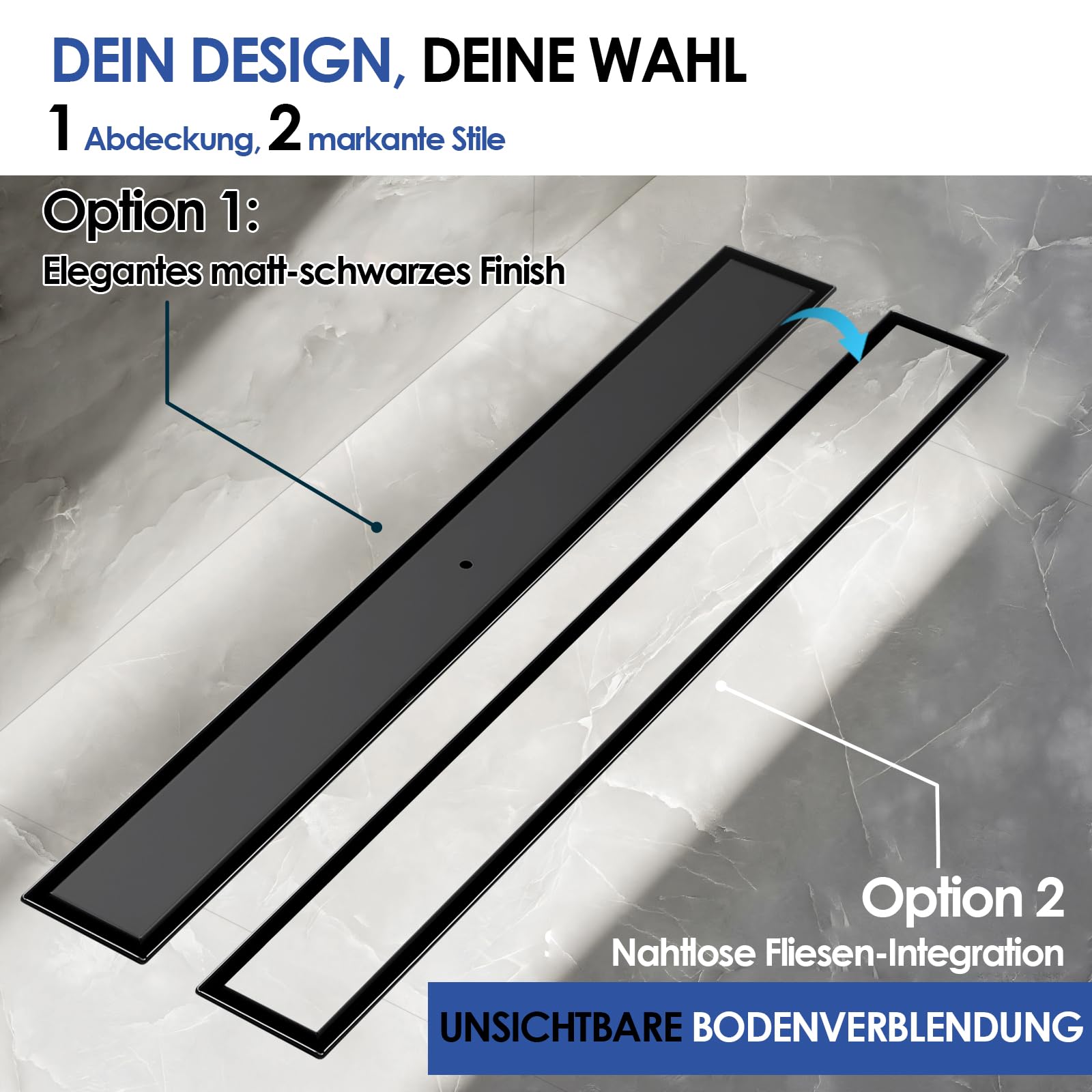 Lineare Duschrinne 60 cm, OUGOO 2-in-1 Befliesbarer Duschabfluss, Bodenablauf Komplettset mit 360° drehbarem Siphon, Haarfilter und Geruchsverschluss, 304 Edelstahl Schwarz