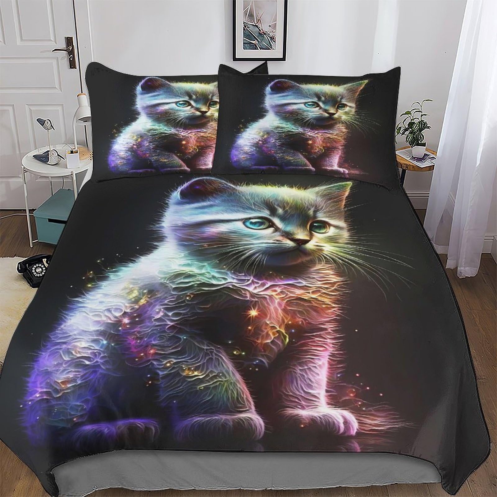 Housse de couette chat 220x240 cm avec taies d'oreiller en microfibre pour lit enfant