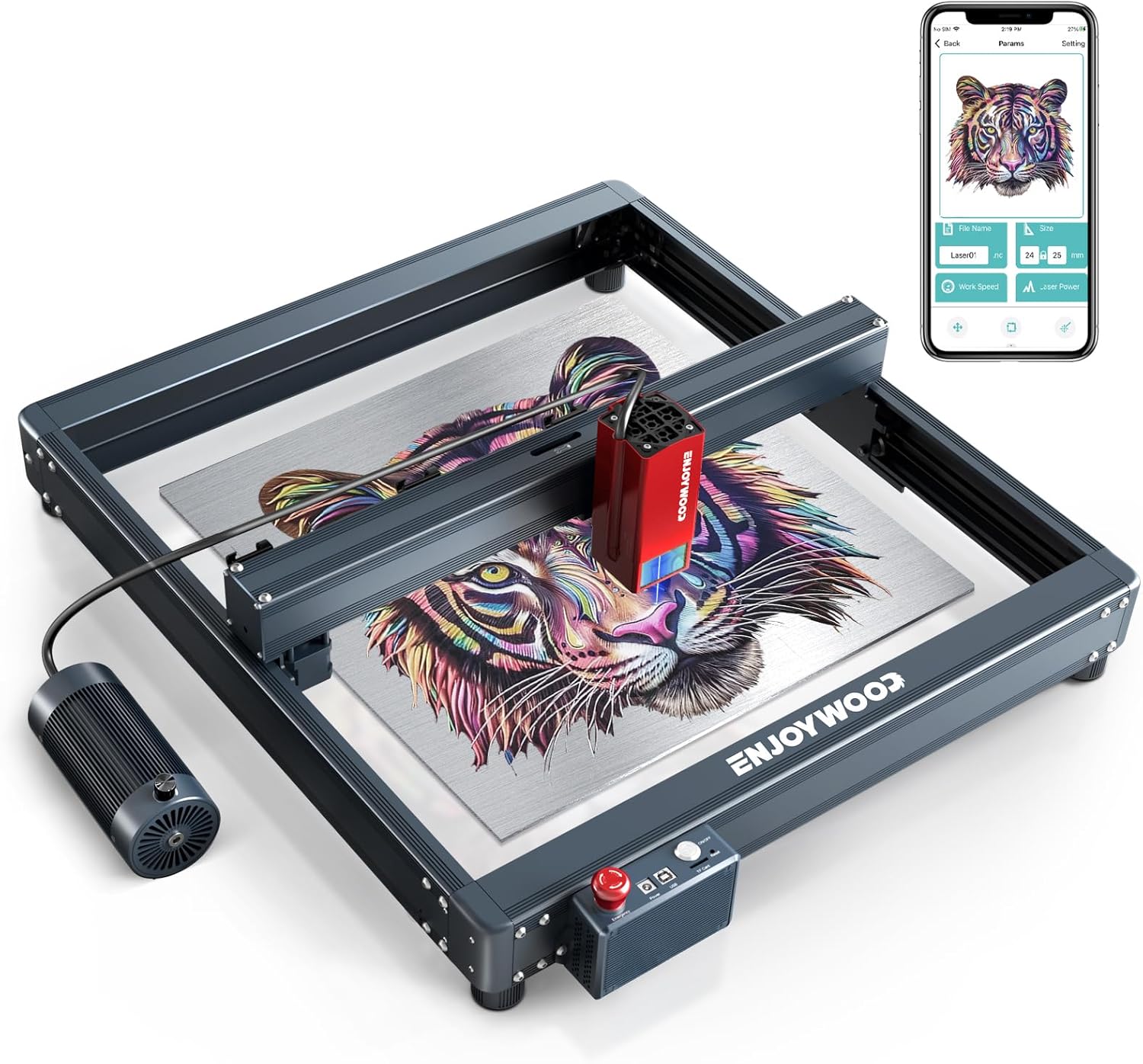 ENJOYWOOD E20 Laser Engraver with a colorful tiger design being engraved, and a smartphone displaying the control app.