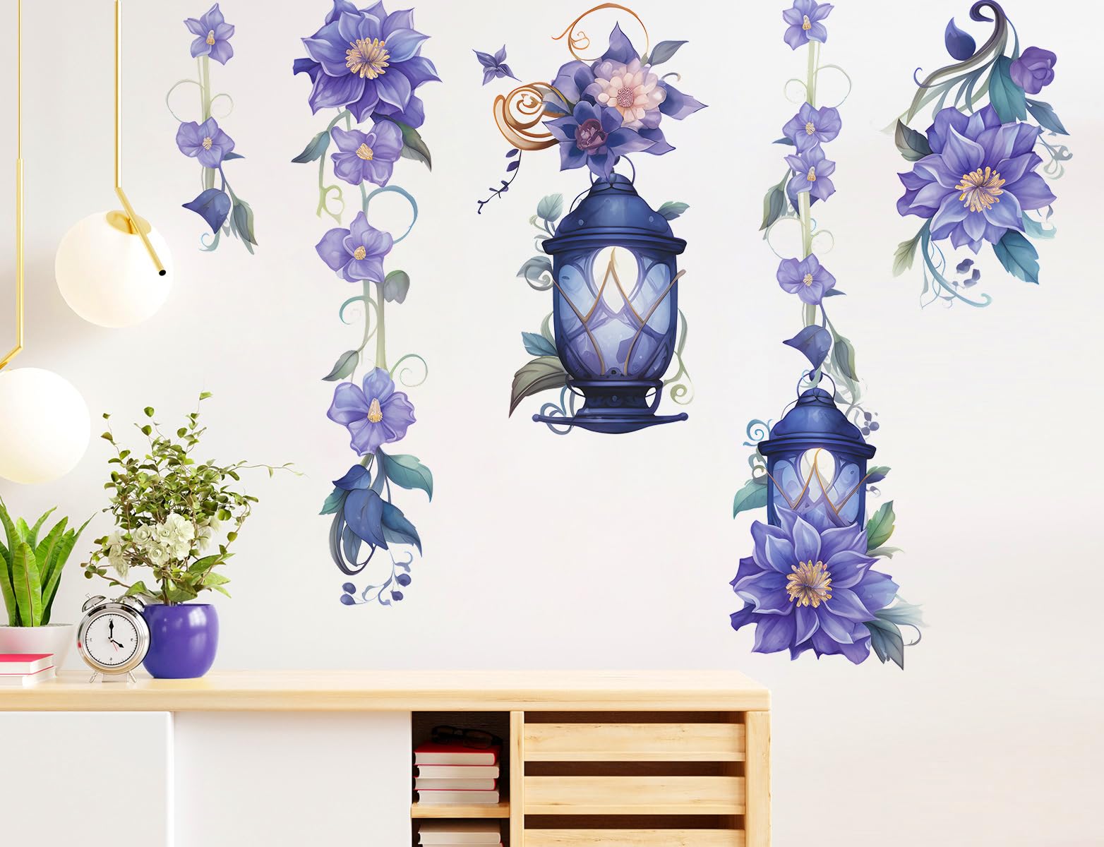 Buiory 3D DIY Hanging Flowers Wall Decals Floral Lamp Wall Stickers Peel and Stick Flower Vine Wall Decor for Kids Girls Bedroom Nursery Living Room