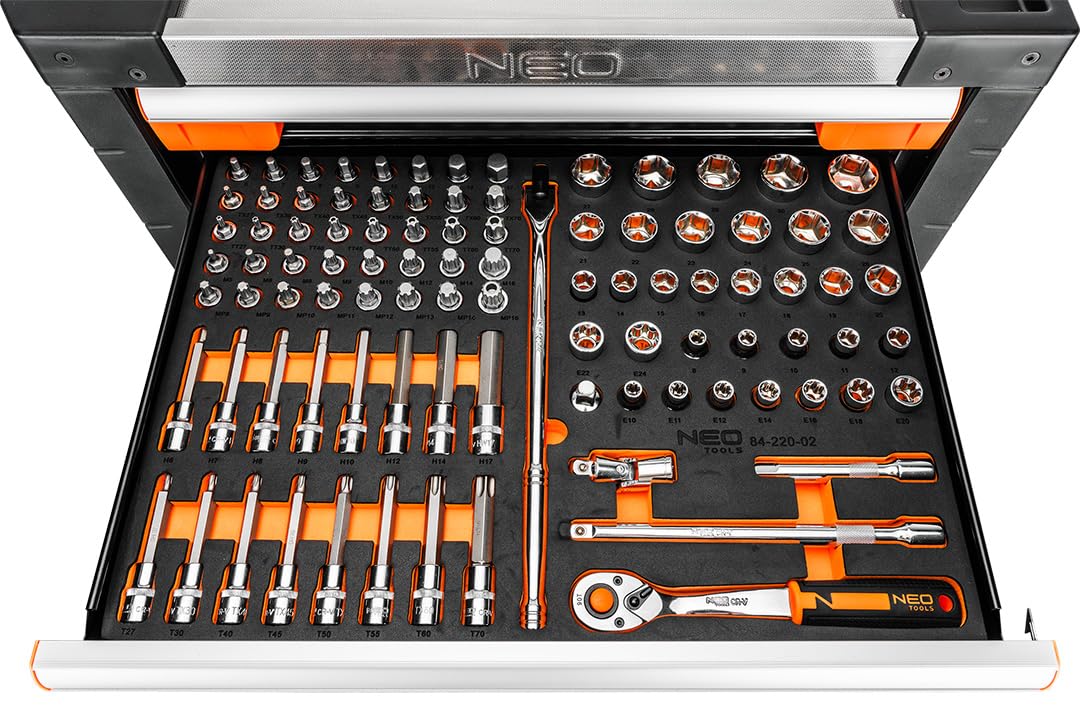 NEO TOOLS PRO wózek warsztatowy wyposażony w 329 części, 7 szuflad, profesjonalna szafka narzędziowa, stal SPCC, aluminiowy blat roboczy, wkładki EVA, nośność 300 kg