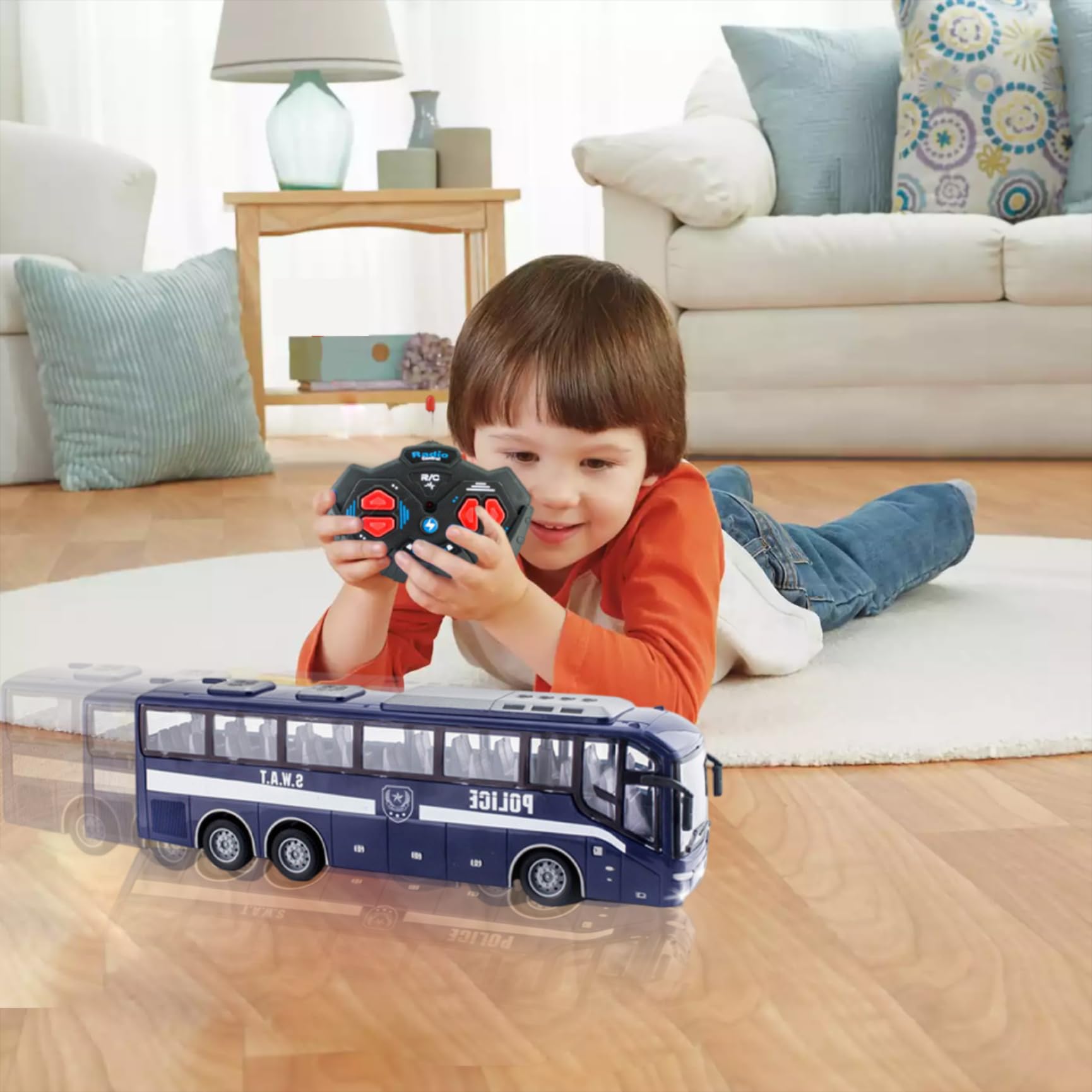 Juguete de autobús de la policía, 12.4x3.2x4.5 pulgadas 1:30 Simulador de autobús de la policía eléctrica realista y divertida de control remoto, regalo creativo para niñas, sin batería, azul