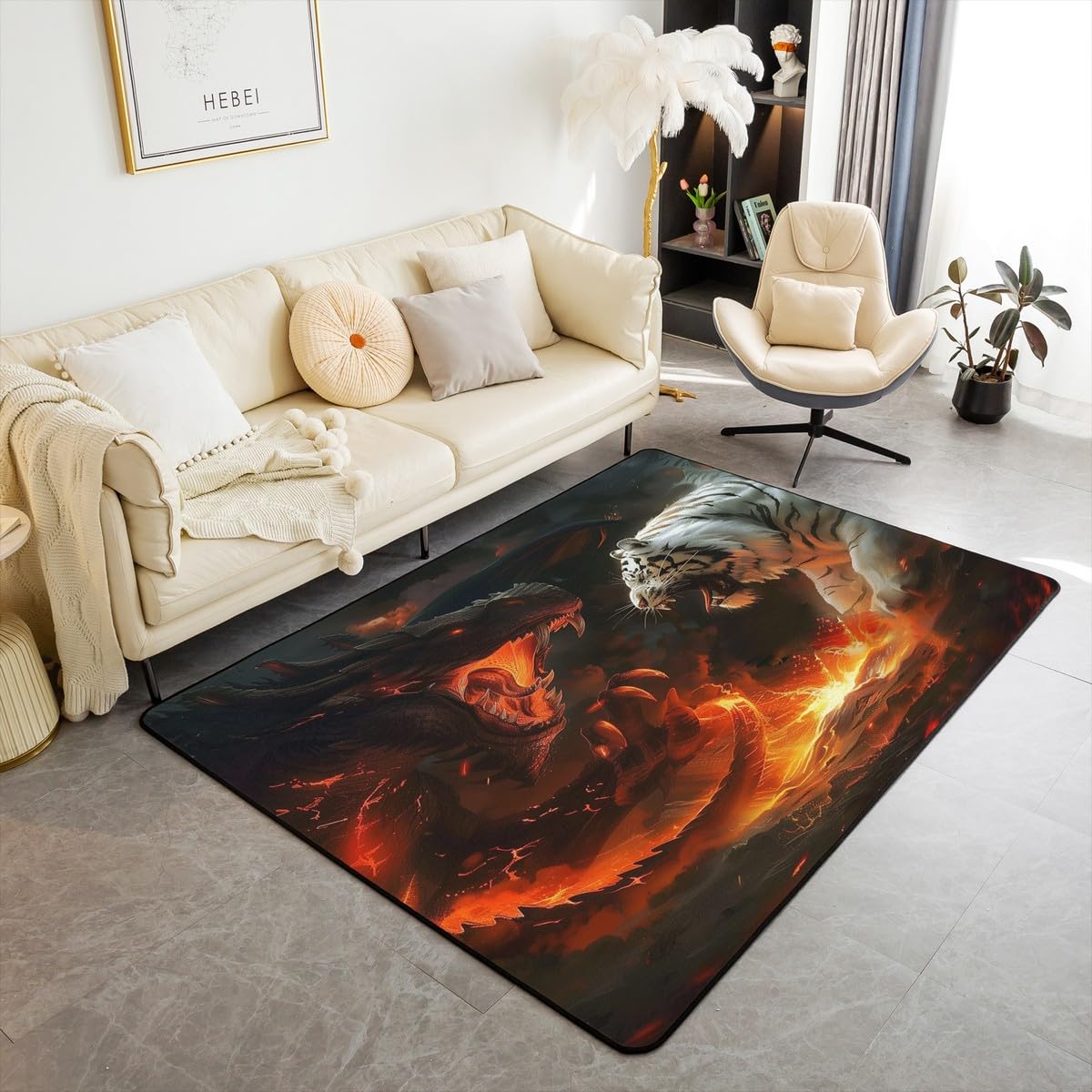 Dragon Tiger Living Room Rugs 3x5 3D Dragon Animal Area Rug for Kids Teen Fierce Wild Tiger Carpet Runner Non Slip Western Magical Style Decorative
