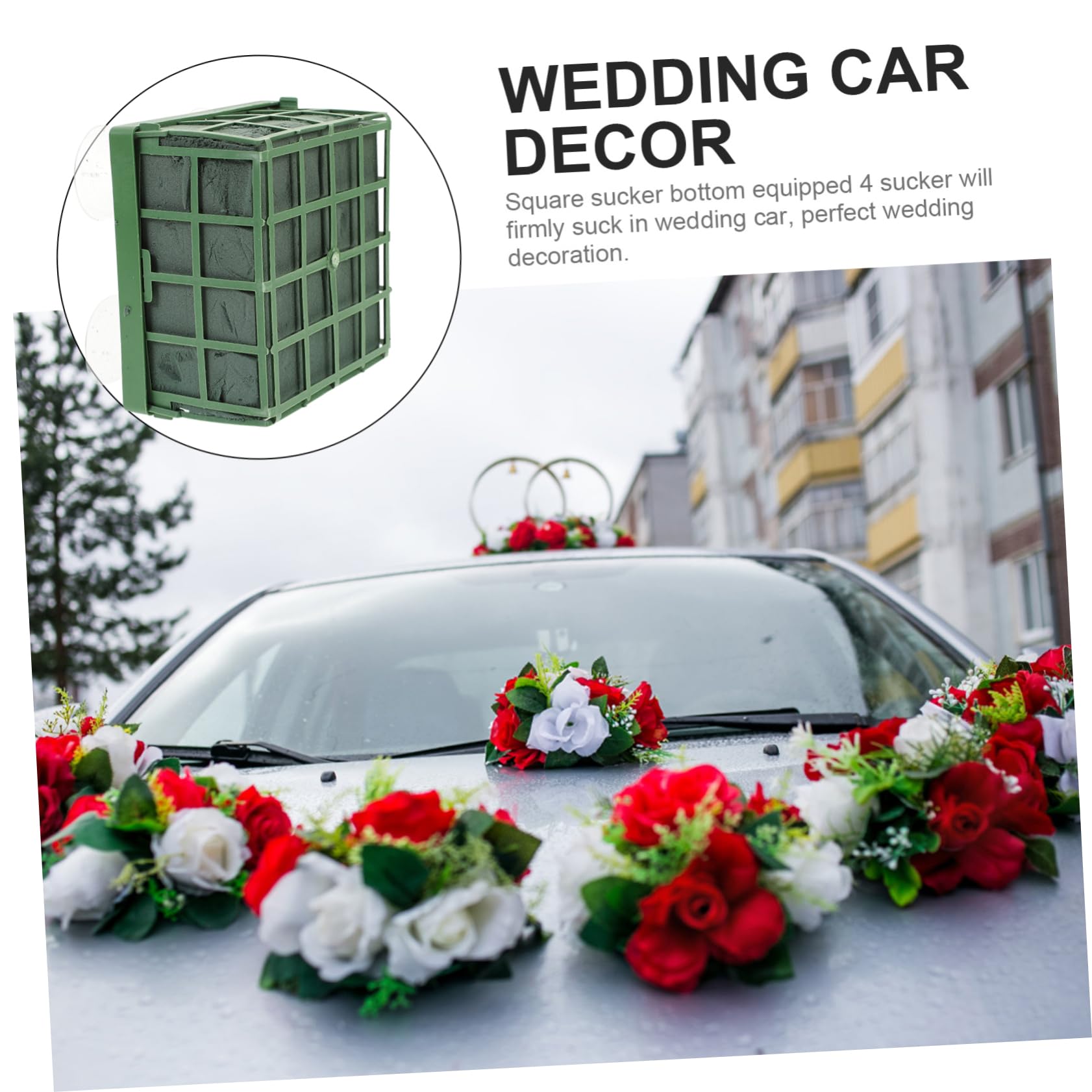 DOITOOL Décoration de Voiture de Mariage en Mousse Fleur, Base de Ventouse de Fleur en Plastique Vert, Lot de 3 pour Fête de Mariage