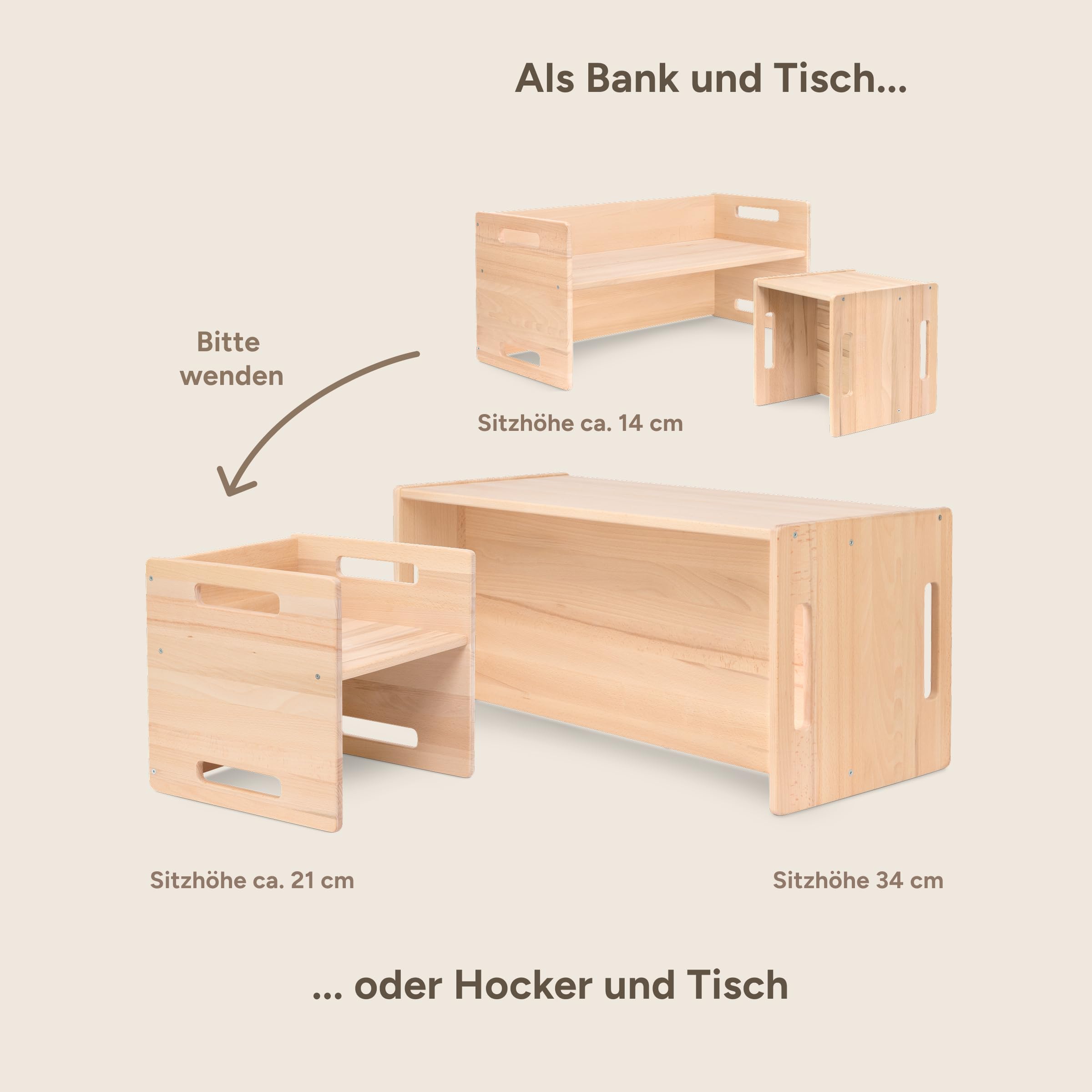 Ehrenkind® Wendebank Kinder, Montessori Sitzbank und Kindertisch 3in1, drehbar für Verschiedene Sitzhöhen, Kinderbank massiv, FSC® Buchenholz