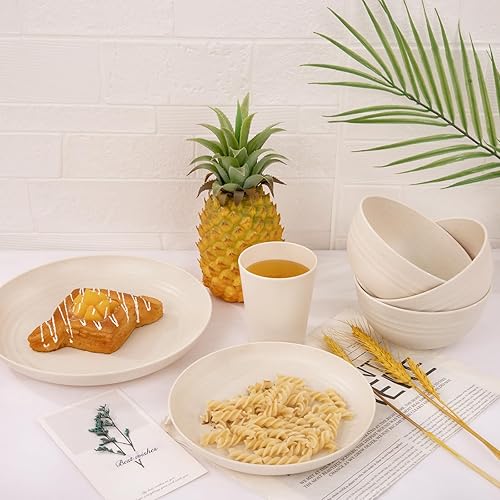 Miniatura 4 de LIYH - Juego de vajilla de paja de trigo de 32 piezas para 8, platos y cuencos rosados, platos de plástico beige reutilizables, aptos para