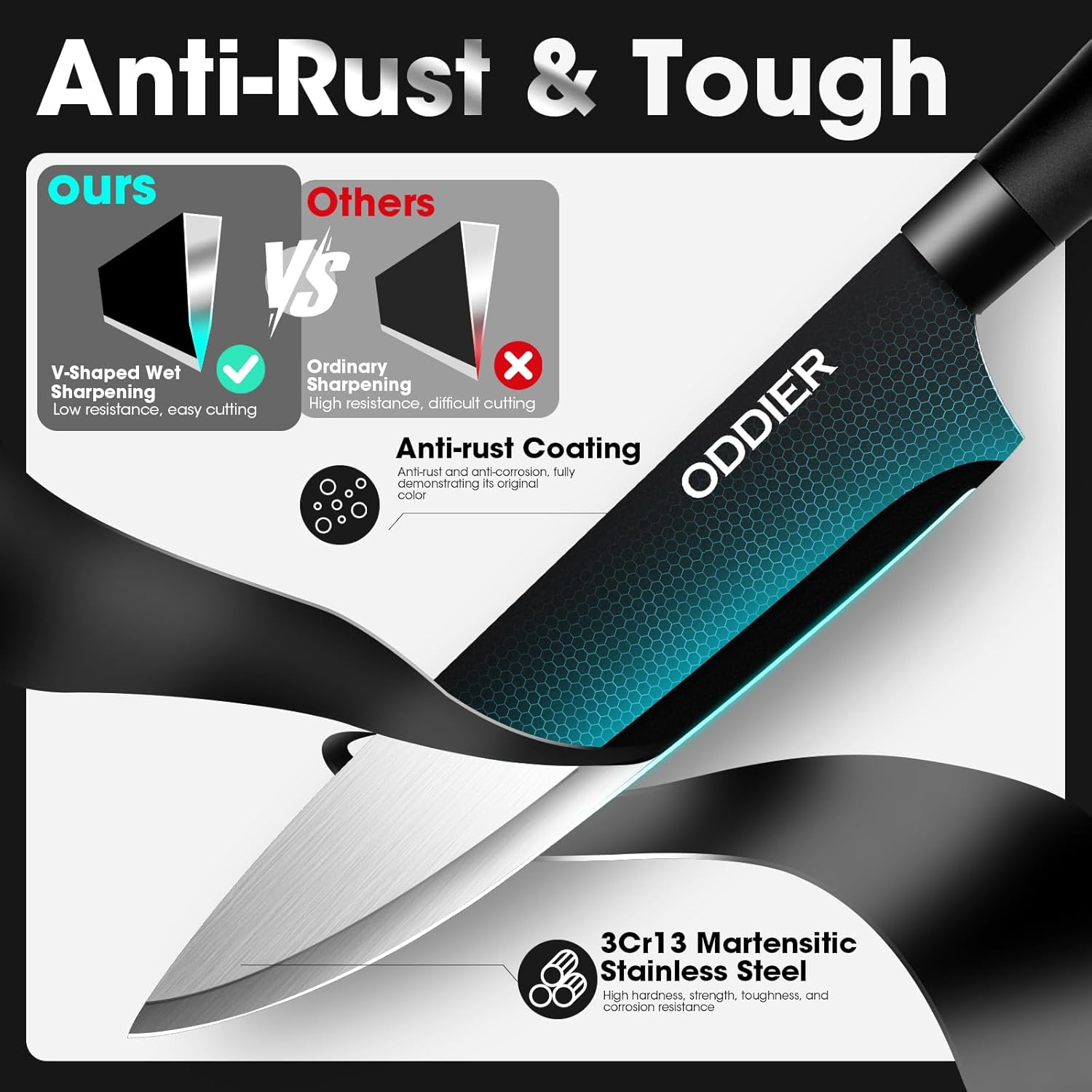 Kitchen Knife Ket with block, Knife Block Set, Anti-Rust High Carbon German Stainless Steel Knife Set, 7 Piece Chef Knife Set, New Home Apartment Essentials, Dishwasher Safe, Black - Image 4