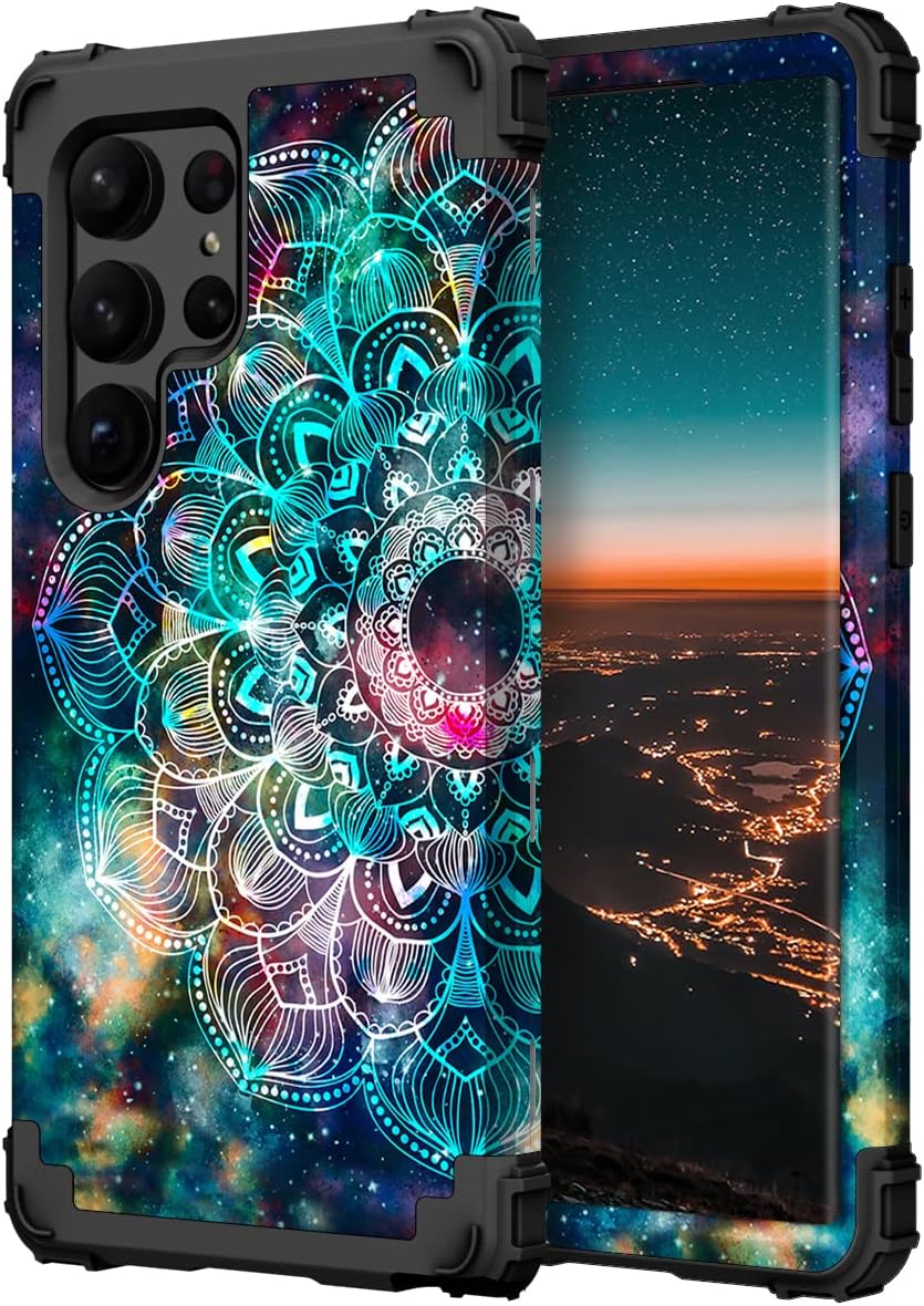 Hocasefor Galaxy S23 Ultra Case, Shockproof Heavy Duty Hard Plastic+Soft Silicone Rubber Bumper Hybrid Dual-Layer Protective Case for Samsung Galaxy S22 Ultra 5G (6.8") 2023 - Mandala in Galaxy