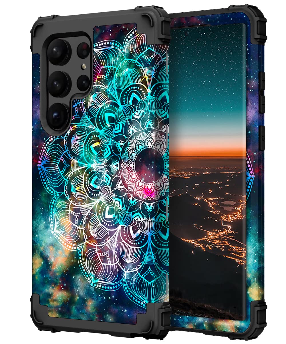 Hocasefor Galaxy S23 Ultra Case, Shockproof Heavy Duty Hard Plastic+Soft Silicone Rubber Bumper Hybrid Dual-Layer Protective Case for Samsung Galaxy S22 Ultra 5G (6.8") 2023 - Mandala in Galaxy
