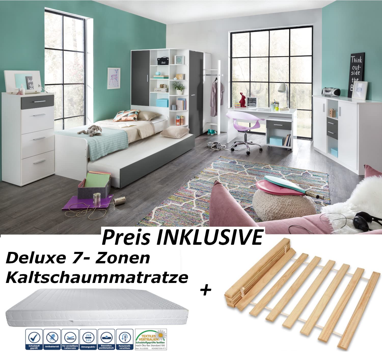 Jugendzimmer Set Joker in Weiß und Anthrazit mit Bett mit Auszugsliege, Schreibtisch, Kleiderschrank und Regal wahlweise Kaltschaummatratze und Lattenrost (10 teilig mit Matratze und Lattenrost)