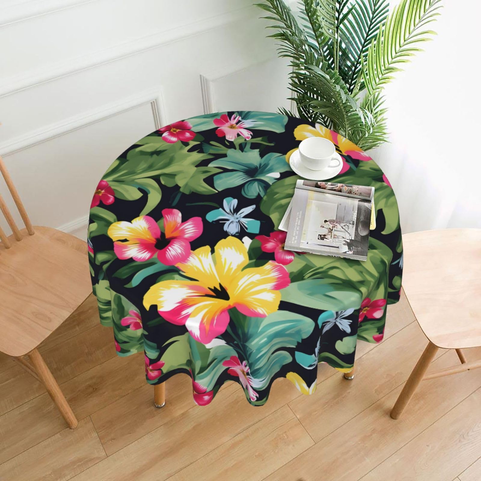 Nbtghga Hawaiian Flower Print Print Tablecloth Round Border Table Cloth Cover Decorative For Party Holiday Dinning Tabletop Home