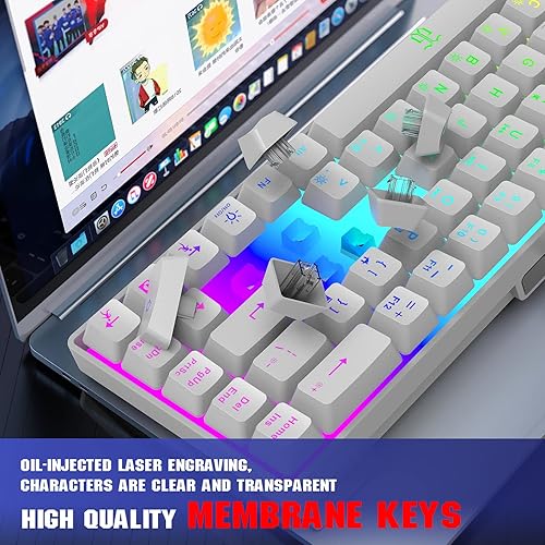 Miniatura 4 de Snpurdiri Teclado para videojuegos 60% pequeño, ergonómico y pequeño, teclado retroiluminado RGB para Windows, PC, laptop, juegos (68 teclas, blanco)
