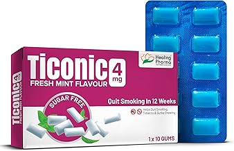Healing Pharma - Ticonic Nicotine Gum Four mg Helps to Quit Smoking, Tobacco & Gutka Chewing | Fresh Mint Flavour | Sugar Free | Quit Smoking In 12 Weeks - 10 Gum x Pack of 2