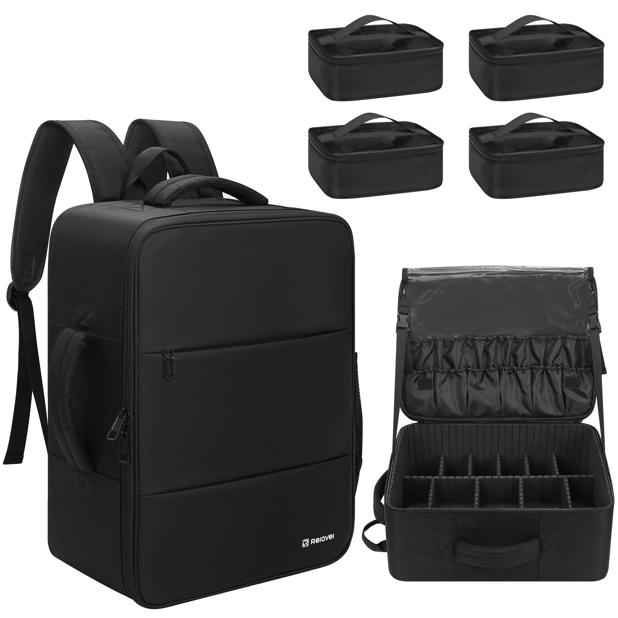 Relavel Sac à dos de maquillage XL professionnel de voyage pour artistes de maquillage – Avec 4 poches transparentes, boîte de rangement pour pinceaux avec séparateurs pour cosmétiques, outils de